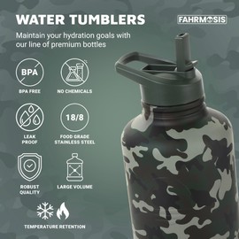 FAHRMOSIS 64 Oz Insulated Water Bottle with Strap Stainless Steel Sports Water Bottle with 3 Lids (Straw, Chug and Flip Lid) Leak Proof Metal Half Gallon Jug for Men & Women - Camo