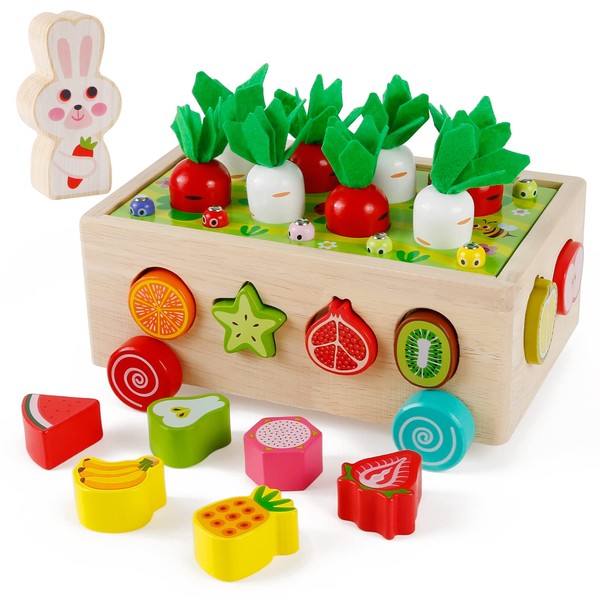 Sterneer Montessori Educational Game 1 2 3 4 Years, Multifunctional Wooden Orchard Toy Car, Sticky Cube Sorting and Stacking Learning Toy Gift for the Year Girl Boy