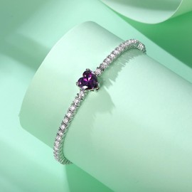 Amethyst Color Heart-Shaped February Purple Birthstone Cubic Zirconias 4.0mm Tennis Bracelet | White Gold Bracelets for Women Birthday Jewelry Gift| Size 7.5 inches