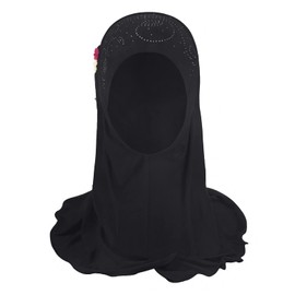 YJZQ Kids Girls Flowers Hijab Chiffon Head Scarfs Head Wrap Solid Color Muslim Hijab Lace Islamic Scarf Shawls Stretch Turban Anti-UV Bonnet Hat Arabian Bandana (2-7 Y)