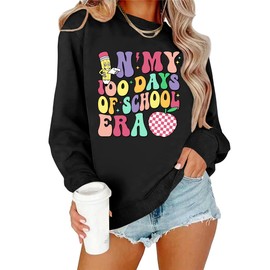 HQP Teacher Sweatshirt for Women: In My 100 Days of School Era Sweatshirts Teach Long Sleeve Pullover Tops Black