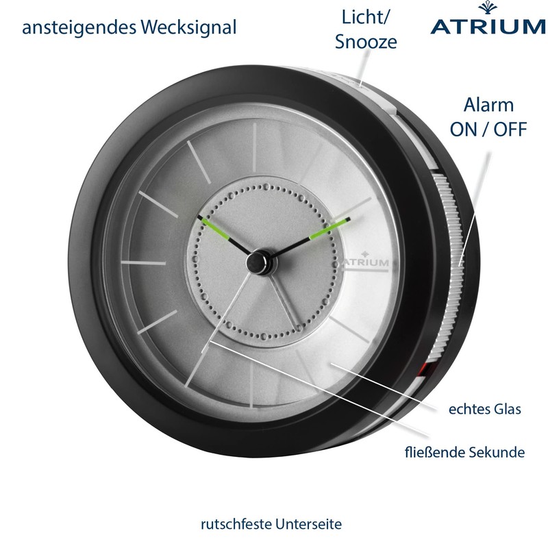 Atrium A106-7 designer alarm clock, round, analogue, grey, non-ticking, with
