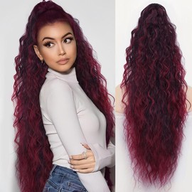 Isaic_hair Claw Long Wavy Ponytail Extension Black Brown 30" Curly Pony Tail Clip in Hair Extensions for Women Fluffy Natural Looking Synthetic braiding hair:_Ombre Burgundy Claw clip Ponytails_30inch
