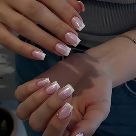 Uñas postizas cortas cuadradas con punta francesa blanca cromada, uñas postizas de gel suave y brillante con acabado brillante esmaltado, 30 piezas de