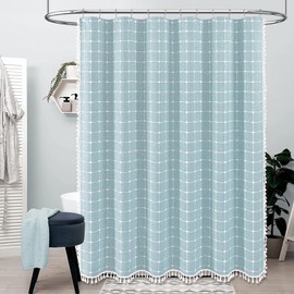 BTTN Boho Farmhouse Shower Curtain - Linen Rustic Heavy Duty Fabric Shower Curtain Set with Tassel, Water Repellent, Bohemian Vintage Country Thick Cloth Shower Curtains for Bathroom, Fog Blue, 72x72