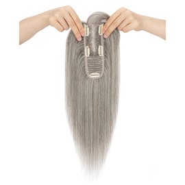 TESS Real Hair Toppers for Women Handmade Lace Base Womens Clip In Hairpieces with Bangs 5 Clips Natural Coverage Soft and Secure 2×6", Silver