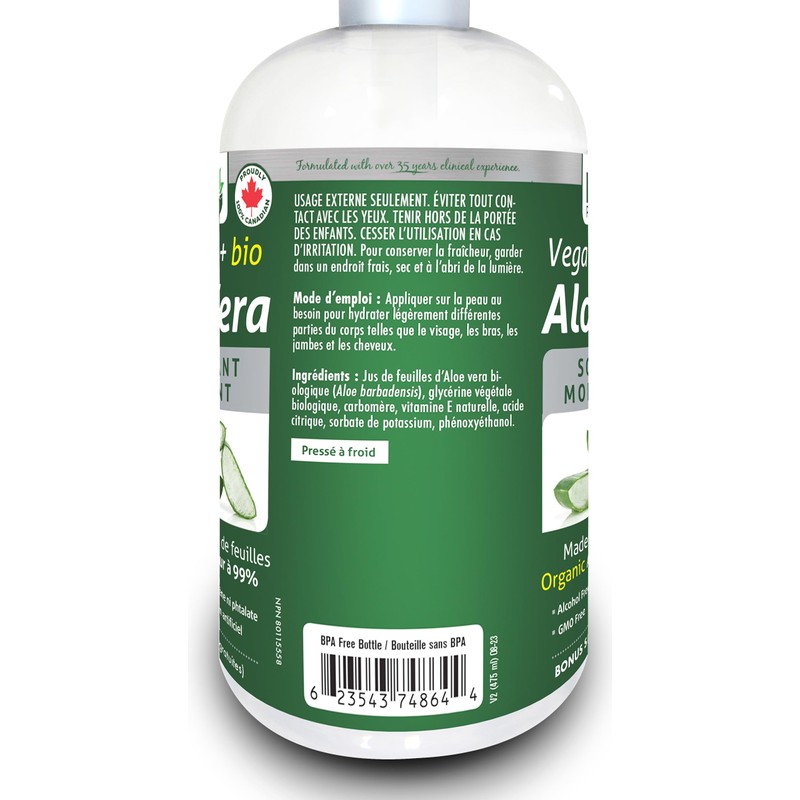 475ml (16oz) ORGANIC Aloe Vera, Vegan + Soothing Moisturizer, 99%
