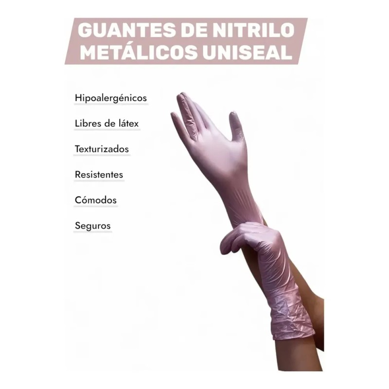 Guantes De Nitrilo Metálicos Uniseal Antideslizantes C/100pz Color Rosa Talla