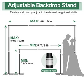 Qoolfoto Heavy Duty Backdrop Stand, 8.5ft x 10ft Pipe and Drape Kit with Metal Flat Base, Adjustable Background Support System with Carry Bag for Wedding Party Birthday Photoshoot
