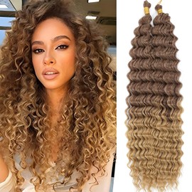 Ocean Wave Crochet Hair Deep Wave Braiding Hair 24 Inch 2 Packs Curly Wavy Hair for Boho Braids Synthetic Hair Extensions for Black Women (Ombre Blonde)