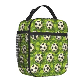 cromcu Soccer Lunch Box for Kids Aldults, Ball Sport Style Reusable Thermal Insulation Cooler Tote Bags, Grass Football Print Insulated Bag for Student, School Picnic Camping Travel, Gifts