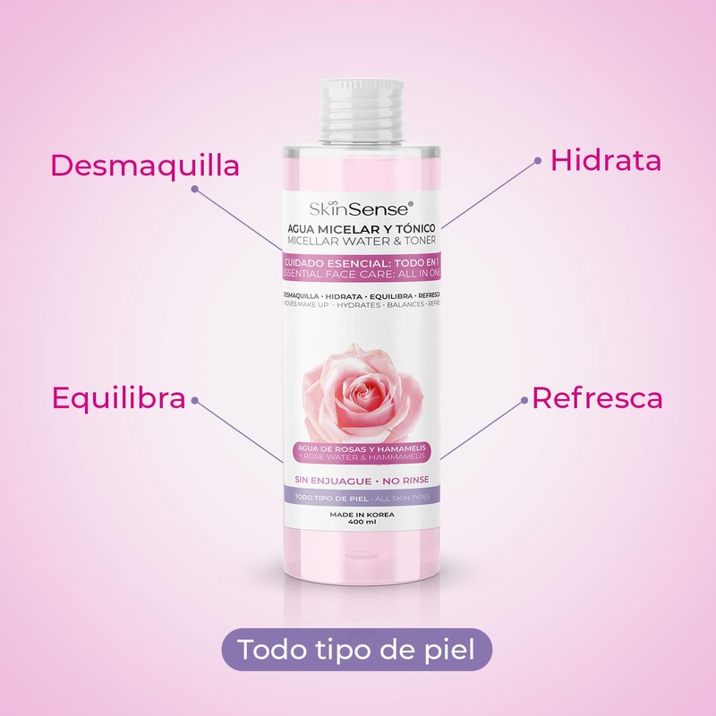 Skin Sense Agua Micelar Desmaquillante Agua de Rosas, 400 ml.