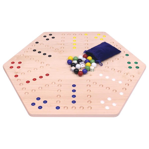 AmishToyBox.com Wahoo Wooden Marble Game Board Set - Large 24" Wide - Solid Maple Wood - Double-Sided - with Large 22mm Marbles and Dice Included