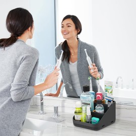 Chintu Toothbrush Holders Bathroom Countertop Organizer- Bamboo Electric Tooth Brushing Holder 6 Slots Toothbrush Caddy for Counter Organization Kids Family Toothpaste Holder for Vanity Storage Black