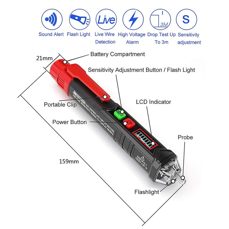 amropi Non-Contact AC Voltage Pen Tester Alarm Detector with Acoustic