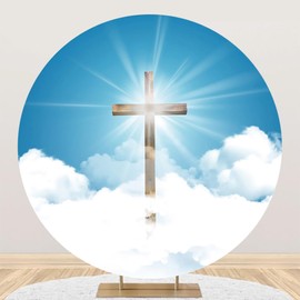 Renaiss 6.5x6.5ft Holy Light Heaven Cross Round Backdrop Cover Blue Sky White Clouds Paradise Crucifix Easter Circle Photography Background Christian Party Decors Church Event Arch Photo Booth Props