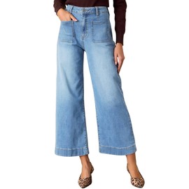 Allimy Women's High Waisted Cropped Flare Wide Leg Stretchy Jeans for Women Trendy High Waist Loose Denim Pants with Front Patch Pockets Blue 10