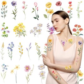 JoyAura Floral Temporary Tattoos for Women - 8 Sheet 380 Pcs 3D Watercolor Flower Fake Tattoo Stickers Tiny Daisy Rose Dandelion Lavender Florals Party Decorations for Adults