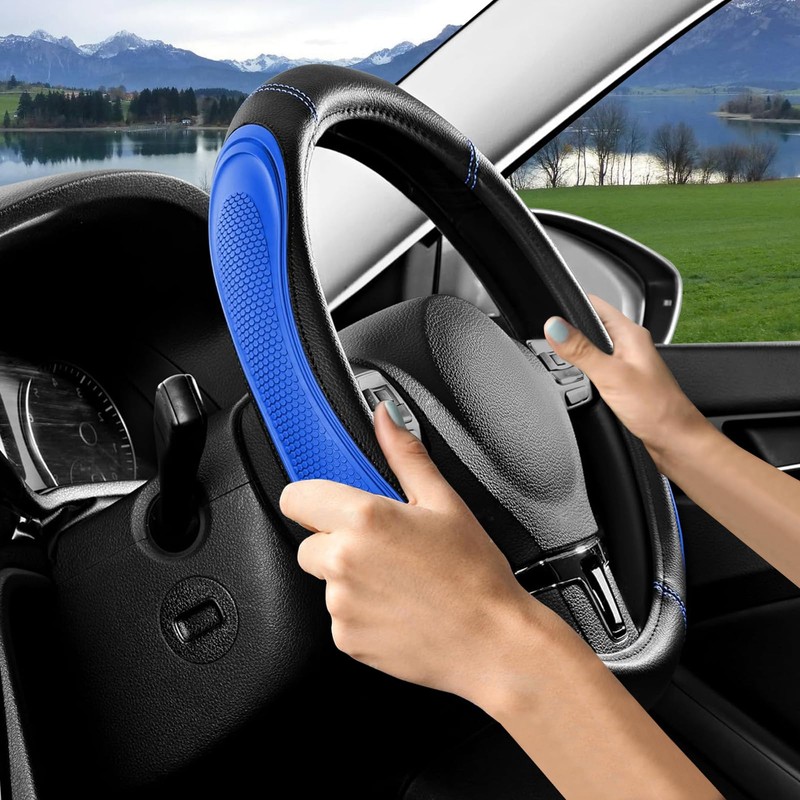 Blue Film Splicing Leather Steering Wheel Cover, Microfiber Leather, Anti-Slip,