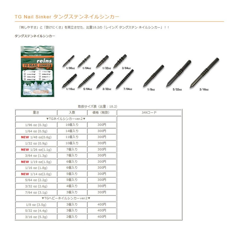 Reins Tungsten Nail Sinker Ver. 2 0.06 oz (1.8 g)