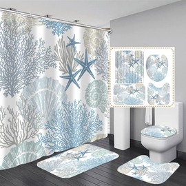 Nkzply 4 Pcs Beach Shower Curtain Blue Bathroom Sets and Rugs Nautical Shower Curtain Sets with Rugs Ocean Shower Curtains for Bathroom Starfish Seashell Bathroom Decor Accessories