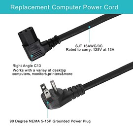 [Paquete de 2] Cable de alimentación para computadora de 90 grados, enchufe plano de perfil bajo de 1 pie a ángulo recto IEC C13, cable de alimentación universal de PC 16AWG, cable de alimentación de CA en ángulo C13 de 3 clavijas para monitor de PC/TV