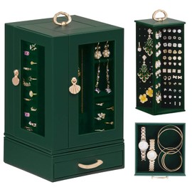 Enthralite Jewelry Box large for Dresser: Women Necklace Ring Storage Organizer with Compartments - Elegant Earring Holder Display (Dark Green)