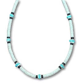 Native Treasure 18" Mens and Womens White Clam Heishe Ark Shells, Color-Fast Blue Chips, Black Coconut Beads, Summer Beach Necklace From the Philippines