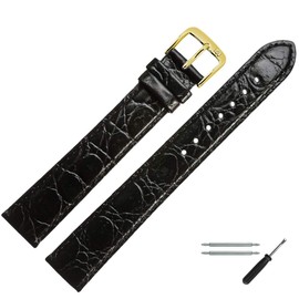 MARBURGER 68118 Watch Strap 18 mm Leather Crocodile Embossing XL Tool Assembly Set, black/gold, Bracelet