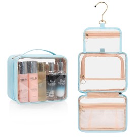 CUBETASTIC Clear Travel Toiletry Bag with 360° Hanging Hook, Small Travel Bag for Toiletries Portable Makeup Bag Cosmetic Organizer Storage Case, Blue