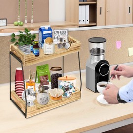 2-Tier Coffee Bar Organizer for Countertop, Wood Coffee Station Organizer with Handles, Rustic Coffee Bar Accessories for Coffee Bar Decor, Kitchen Countertop Organizer, Bathroom Counter Organizer