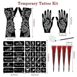 Temporary Tattoo Stencil Kit, 3 Pcs Brown tattoo cones, 40 Pcs Tattoo Patterns, Waterproof Temporary Tattoo Kit with Paint Brush for DIY Body Art-Tattoos for Women Men Kids
