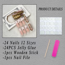 ROFIBUT French Tip Press on Nails Long Square Fake Nails with 3D Relief Design Glossy Gold Solid Color Coffin False Nails Luxury Star Charms Glue on Nail for Women Girls Manicure Nail Decoration 24Pcs