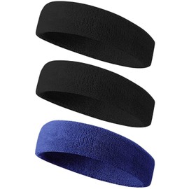 Men's Sports Sweatband, Sweatproof, Eco Cotton Material, Absorbent Like Sponge, Vibrant Breathability, Headband, For Sports, Facial Washing, Stretchy, Light and Quick Drying, Running, Dance, Yoga, Jogging, Unisex, Set of 3 (#04. Black + Black + Navy)