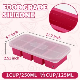 SHIKORI Silicone Freezer Trays with Lid,4-cup Soup Freezer Container large Ice Cube Molds with Reinforced Steel Ring Top for freezing Soup Sauce Broth Leftovers oven Dishwasher-Safe (Cranberry-4 Cup)