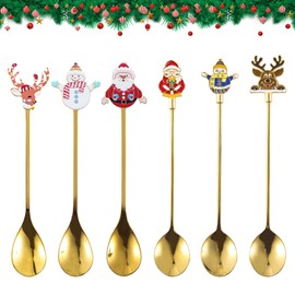 6 Pcs Christmas Coffee Spoons,Gold Stainless Steel Christmas Tea Spoons Santa elk Snowman Christmas Spoons for Coffee Dessert Party Table Decorations