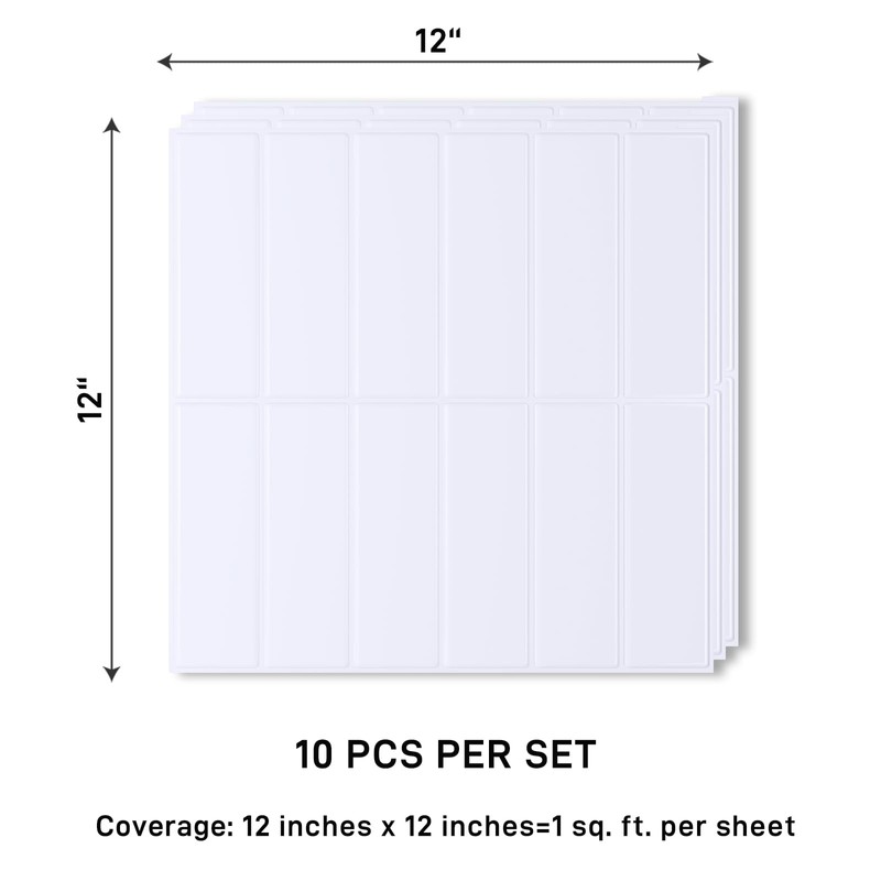 VaryPaper 10 Sheets 12''x12'' White Peel and Stick Backsplash for