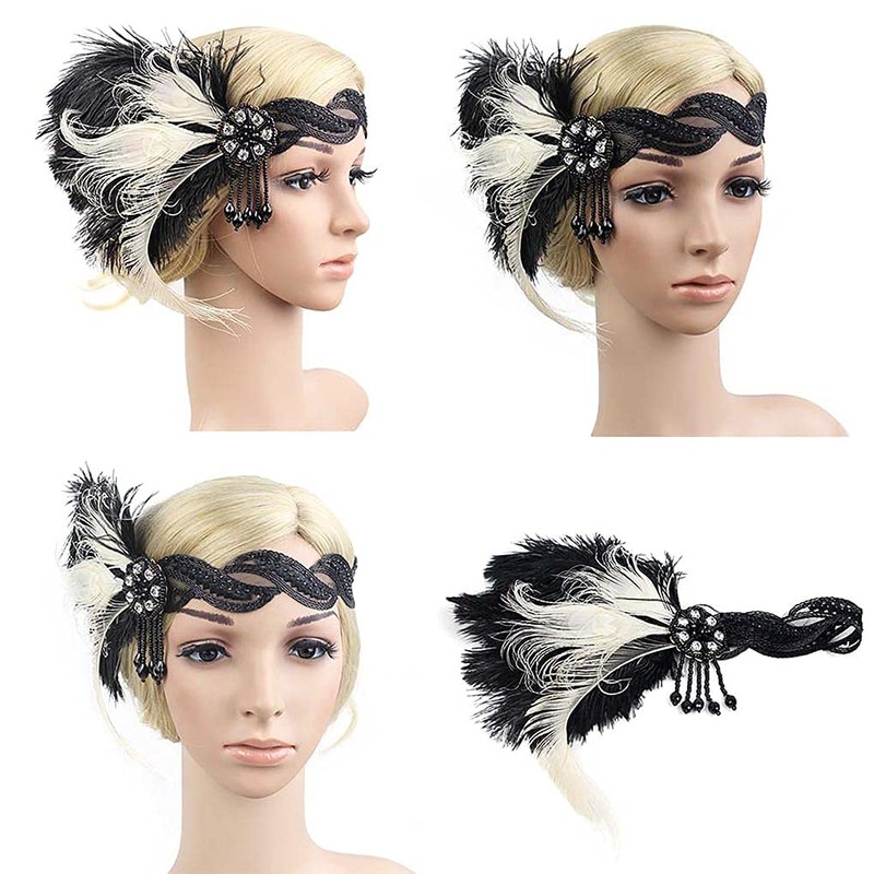 Flapper Girl Black Ivory Ostrich Feather Headpiece, Black-ivory, Size One