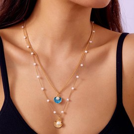 Boho Layered Pearl Seashell Necklace for Women Dainty Long Layering Pearls Starfish Choker Star Shell Statement Necklaces Trendy Beach Vacation Jewelry (Gold-1)