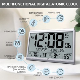 LFF Atomic Clock/Never Needs Setting, Digital Wall Clock with Indoor Outdoor Temperature & Humidity, Battery Operated, Wireless Outdoor Sensor, Atomic Wall Clock with 4.5" Numbers Easy-to-Read