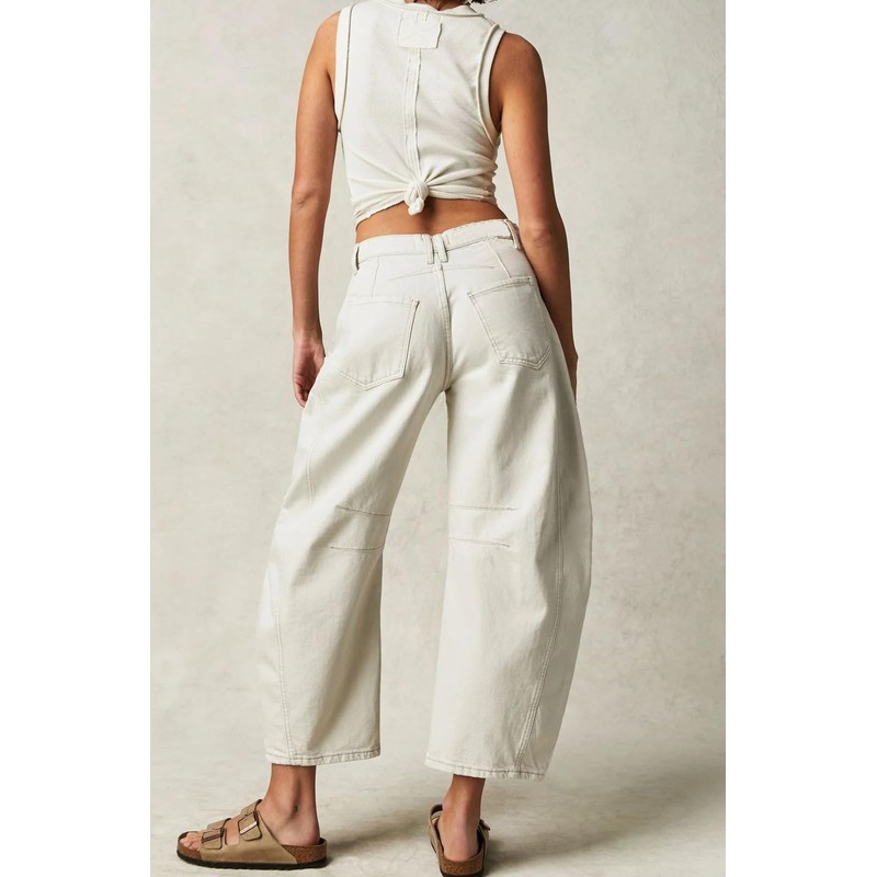 Womens Stretchy Mid Rise Barrel Jeans Vintage Loose Wide Leg