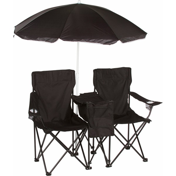 Trademark Innovations Double Folding Camp and Beach Chair with Removable Umbrella and Cooler, Black