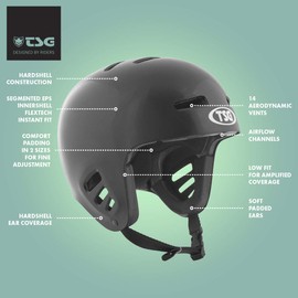 TSG Dawn Flex Skate Helmet, Skateboarding, Rollerblading, Onewheeling, E-Skateboarding, Hardshell, Flex Tech Instant Fit, Tuned/Low Fit w/Ear Coverage, Comfort Padding, Black (Black, S/M (54-56 cm))