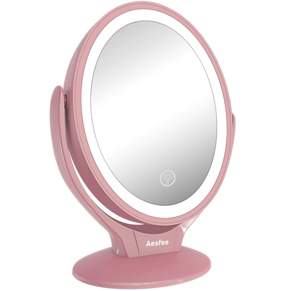 Aesfee LED Lighted Makeup Vanity Mirror Rechargeable,1x/7x Magnification Double Sided 360 Degree Swivel Magnifying Mirror with Dimmable Touch Screen, Portable Tabletop Illuminated Mirrors - Rose Gold