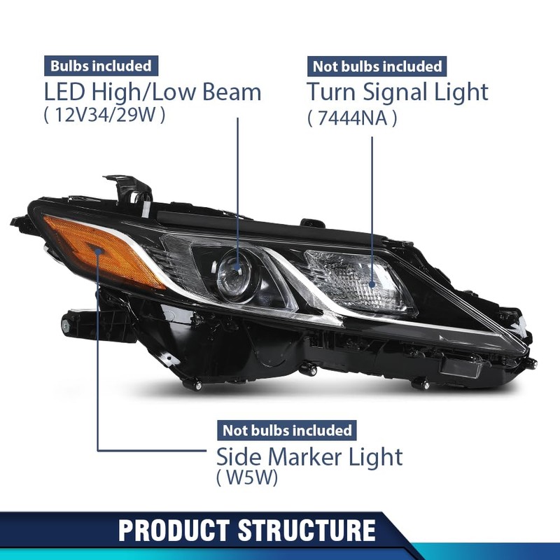 PIT66 Headlight Assembly Right Passenger Side Compatible with Toyota Camry