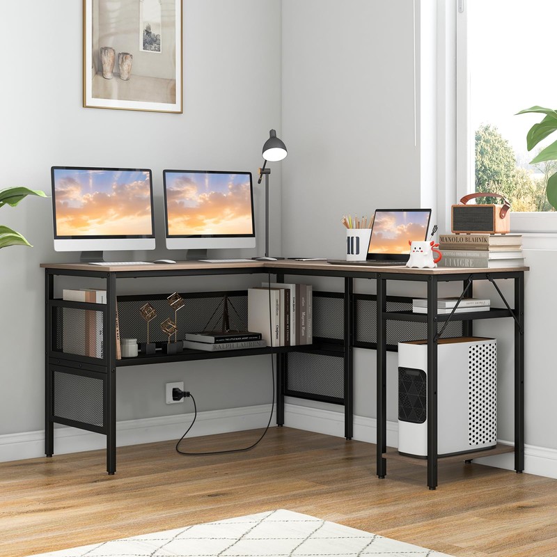 COSTWAY L Shaped Desk with Charging Station, 55” Reversible Corner