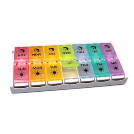 WOWHOUSE Pill Box Twice Daily Weekly Open a Lid to Fill 14 Compartments for New Push to Open Vitamin Capsule Supplement Organizer (Multi-Colour)