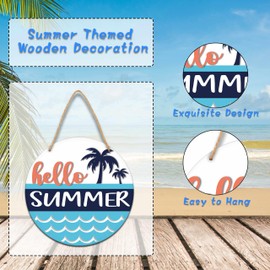 Hello Summer Welcome Door Sign, Decorations for Home, Ocean Rustic Farmhouse Wall Hanging Decor for Front Door Office Kitchen Decorations (A05)