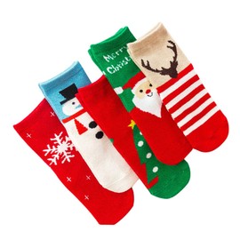 5 Pair Kids Christmas Socks Winter Warm Socks with Cotton Christmas Element Pattern Christmas Party Favors Gifts Red Size S