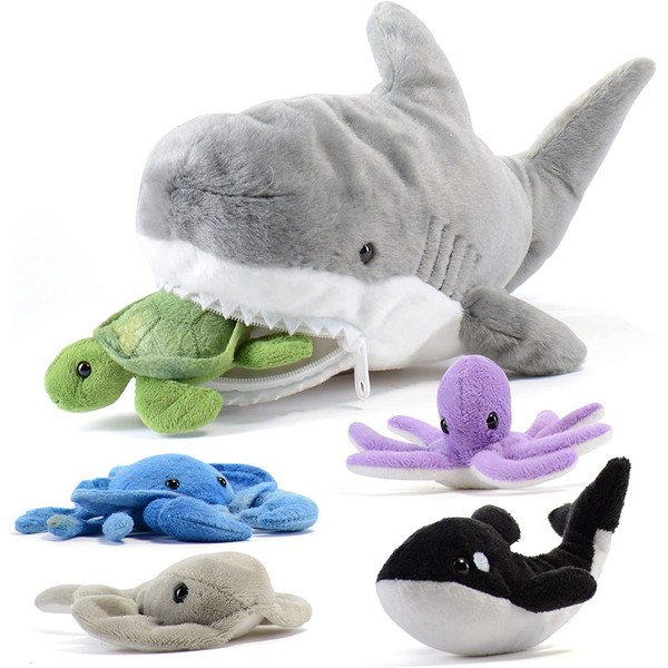 PREXTEX Plush Toy Shark Stuffed Animal with 5 Stuffed Animals Sea Friends - Turtle, Whale, Octopus, Stingray, Crab Plush - Plush Shark Toys for Kids 3-5 - Sea Animal Toy - Gift for Sea Animal Lovers